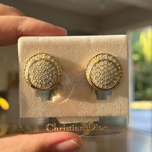 Vintage NWT Christian Dior Classic Rhinestone Pavé Round Gold Clip-On Earrings